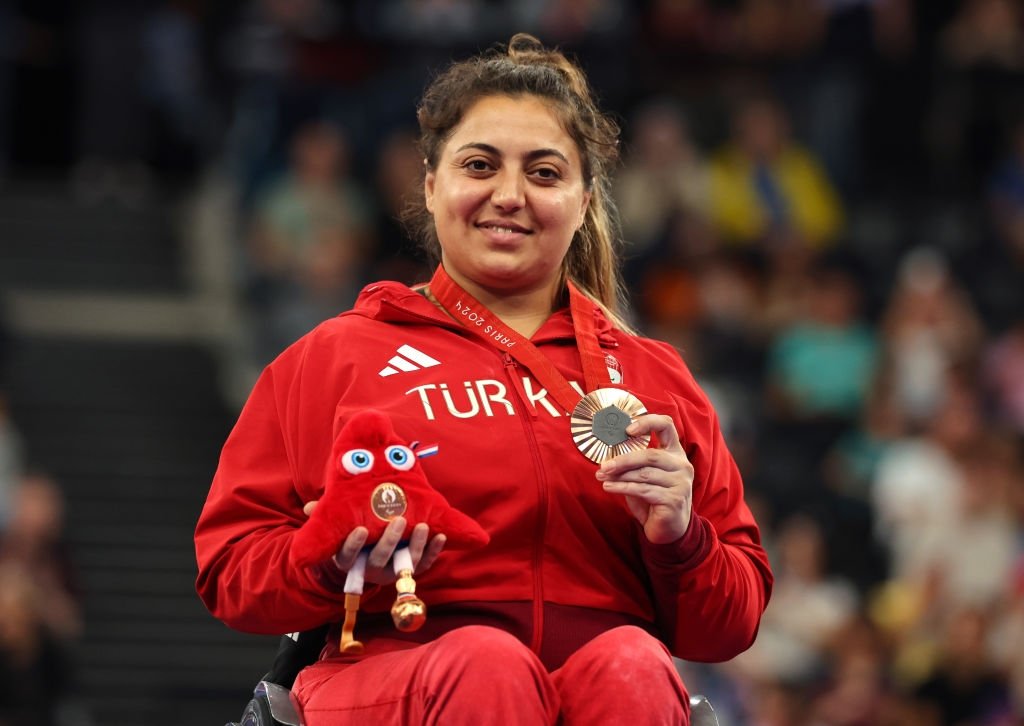 Bronze medalist, Sibel Cam of Team Türkiye, poses for a photo during the medal ceremony for the Women's up to 73 kg. final on Day 10 of the Paris 2024 Summer Paralympic Games at Porte de La Chapelle Arena, Paris, France, Sept. 7, 2024. (Getty Images Photo)