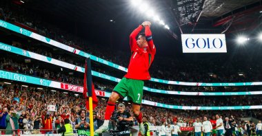 Portugal&#039;s Cristiano Ronaldo celebrates after scoring the 2-1 goal during the UEFA Nations League Group A match between Portugal and Scotland, Lisbon, Portugal, Sept. 8, 2024. (EPA Photo)