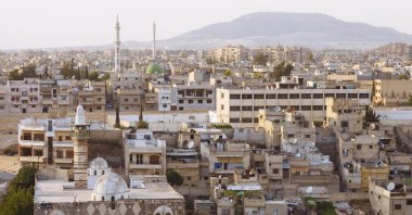 A view of the remains of the old citadel Hama, Hama Governorate, in Syria.