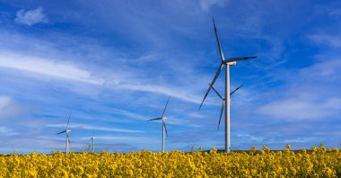 Windmills are seen against a field in this undated photo, Silivri, Istanbul, Türkiye. (Getty Images Photo)