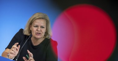 
German Interior Nancy Faeser speaks during a press conference in Berlin, Germany, Monday, Sept. 9, 2024. (DPA via AP)