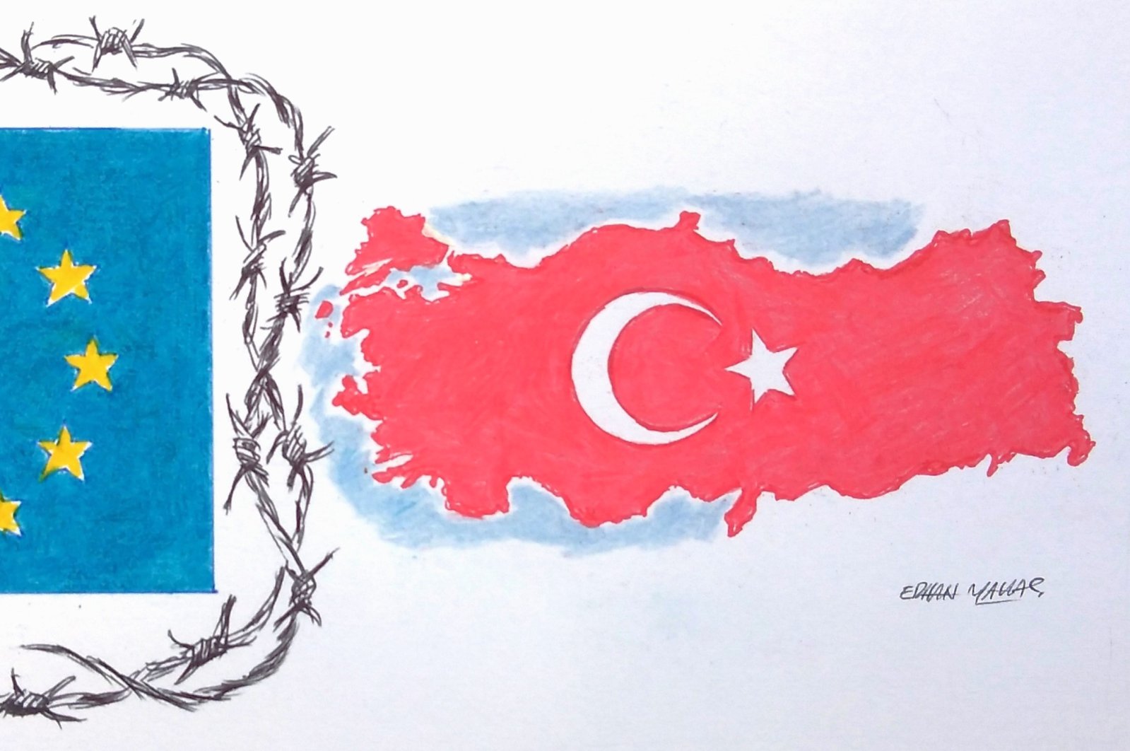 "As a longstanding candidate member, Türkiye is a crucial interlocutor to the EU since its diplomatic activism entangles many dossiers concerning Brussels. However, a new page needs to be written in order to resume a constructive spirit among the parts, overall in a time of many regional challenges and risky factors." (Illustration by Erhan Yalvaç)