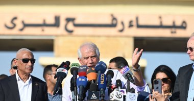High Representative of the European Union for Foreign Affairs and Security Policy Josep Borrell delivers a speech at the Rafah border, Egypt, Sept. 9, 2024. (AFP Photo)
