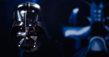 A photo shows an original Darth Vader helmet used during the filming of Star Wars Episode 5 &quot;The Empire Strikes Back,&quot; the latest acquisition of the Miniature and Cinema Museum in Lyon, eastern France, June 13, 2024. (AFP Photo)
