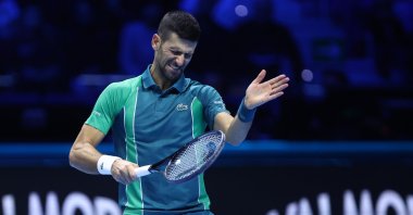 Serbia's Novak Djokovic looks dejected during the Round Robin singles match against Denmark's Holger Rune on Day One of the Nitto ATP World Tour Finals, Torino, Italy, Nov. 12, 2023. (Getty Images Photo)