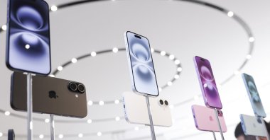 A display of the new Apple iPhone 16 models at Apple&#039;s "Glowtime" product launch event on the campus of Apple Park in Cupertino, California, U.S., Sept. 9, 2024. (EPA Photo)