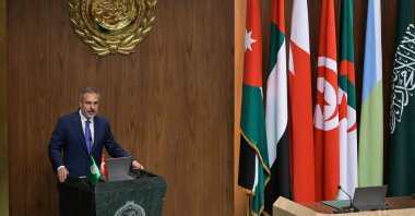 Foreign Minister Hakan Fidan addresses an Arab League Foreign Ministers meeting at the organization&#039;s headquarters, Cairo, Egypt, on Sept. 10, 2024. (AFP Photo)