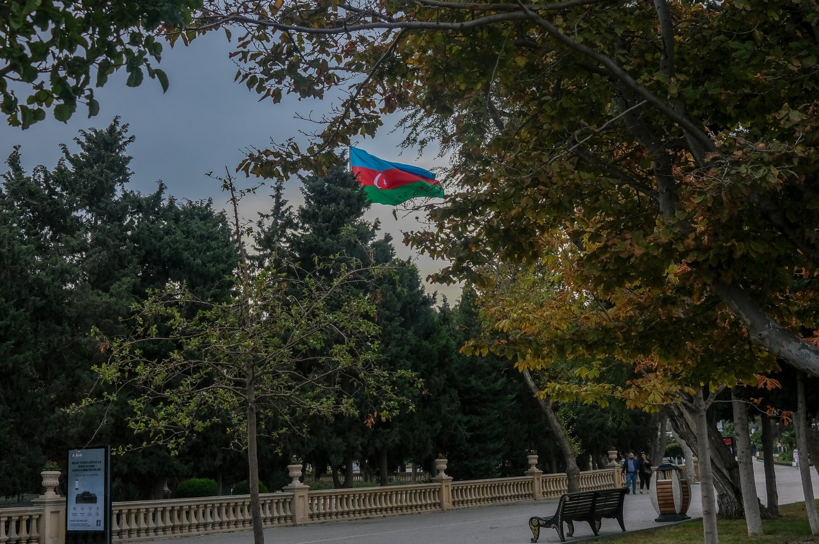 A giant Azerbaijan flag waves in the sky, Baku, Azerbaijan, Nov. 9, 2023. (Getty Images Photo)