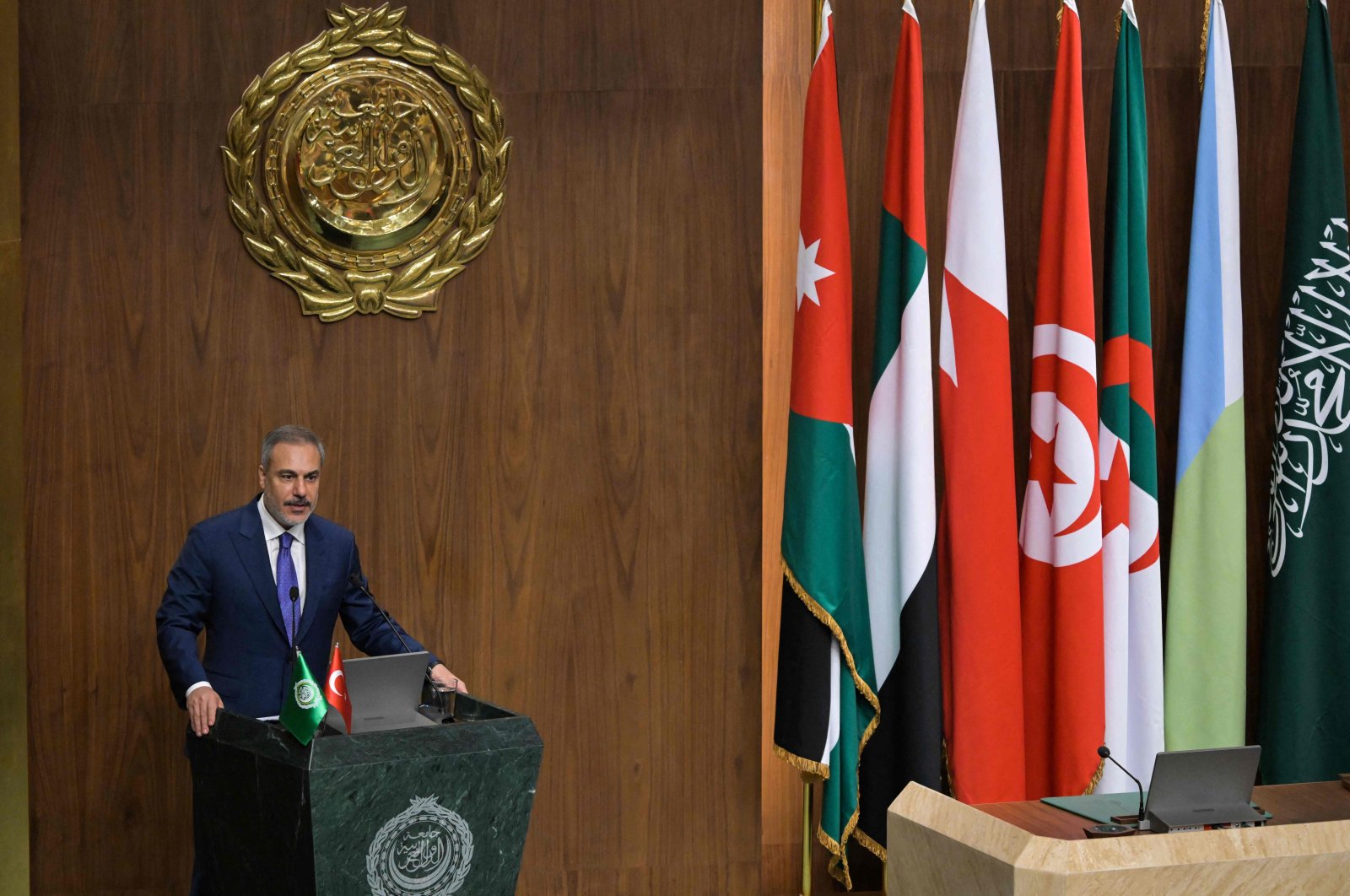 Foreign Minister Hakan Fidan addresses an Arab League Foreign Ministers meeting at the organization&#039;s headquarters, Cairo, Egypt, on Sept. 10, 2024. (AFP Photo)