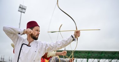 An archer shoots an arrow at the 5th World Nomad Games, Astana, Kazakhstan, Sept. 11, 2024. (AA Photo)
