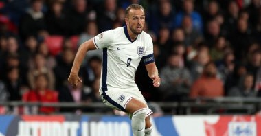 England&#039;s Harry Kane runs with the ball during their UEFA Nations League, League B - Group 2, first leg football match between England and Finland, Wembley Stadium, London, U.K., Sept. 10, 2024. (AFP Photo)