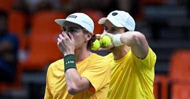 Australia's Matthew Ebden and Max Purcell react during their doubles match against France's Pierre-Hugues Herbert and Edouard Roger-Vasselin at the Pabellon Fuente de San Luis, Valencia, Spain, Sept. 10, 2024. (Reuters Photo)