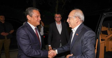 Former CHP Chair Kemal Kılıçdaroğlu (R) shakes hands with his successor Özgür Özel before a meeting in the capital Ankara, Türkiye, Sept. 1, 2024. (AA Photo)