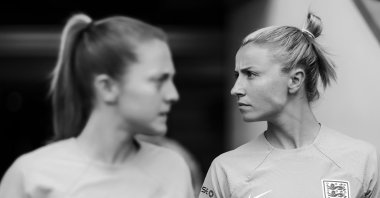 England&#039;s Leah Williamson (R) at Carrow Road, Norwich, England, July 11, 2024. (Getty Images Photo)