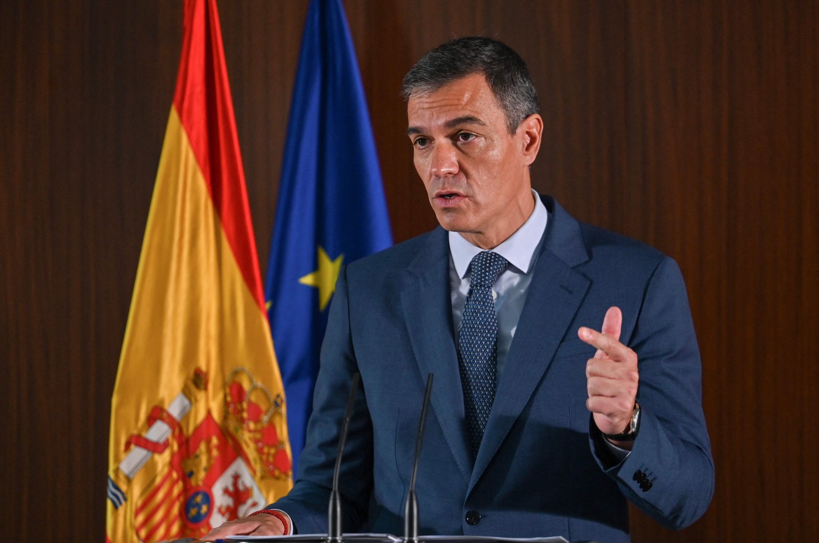 Spanish Prime Minister Pedro Sanchez speaks during a press conference at the Mondragon Industrial Park in Kunshan, southeastern Jiangsu province, Shanghai, China, Sept. 11, 2024. (AFP Photo)