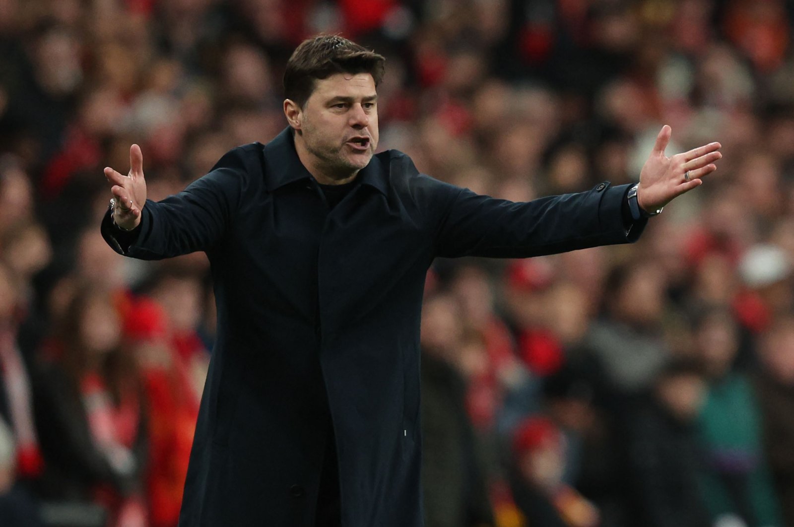 Mauricio Pochettino gestures on the touchline during the English League Cup final football match between Chelsea and Liverpool at Wembley stadium, London, U.K., Feb. 25, 2024. (AFP Photo)