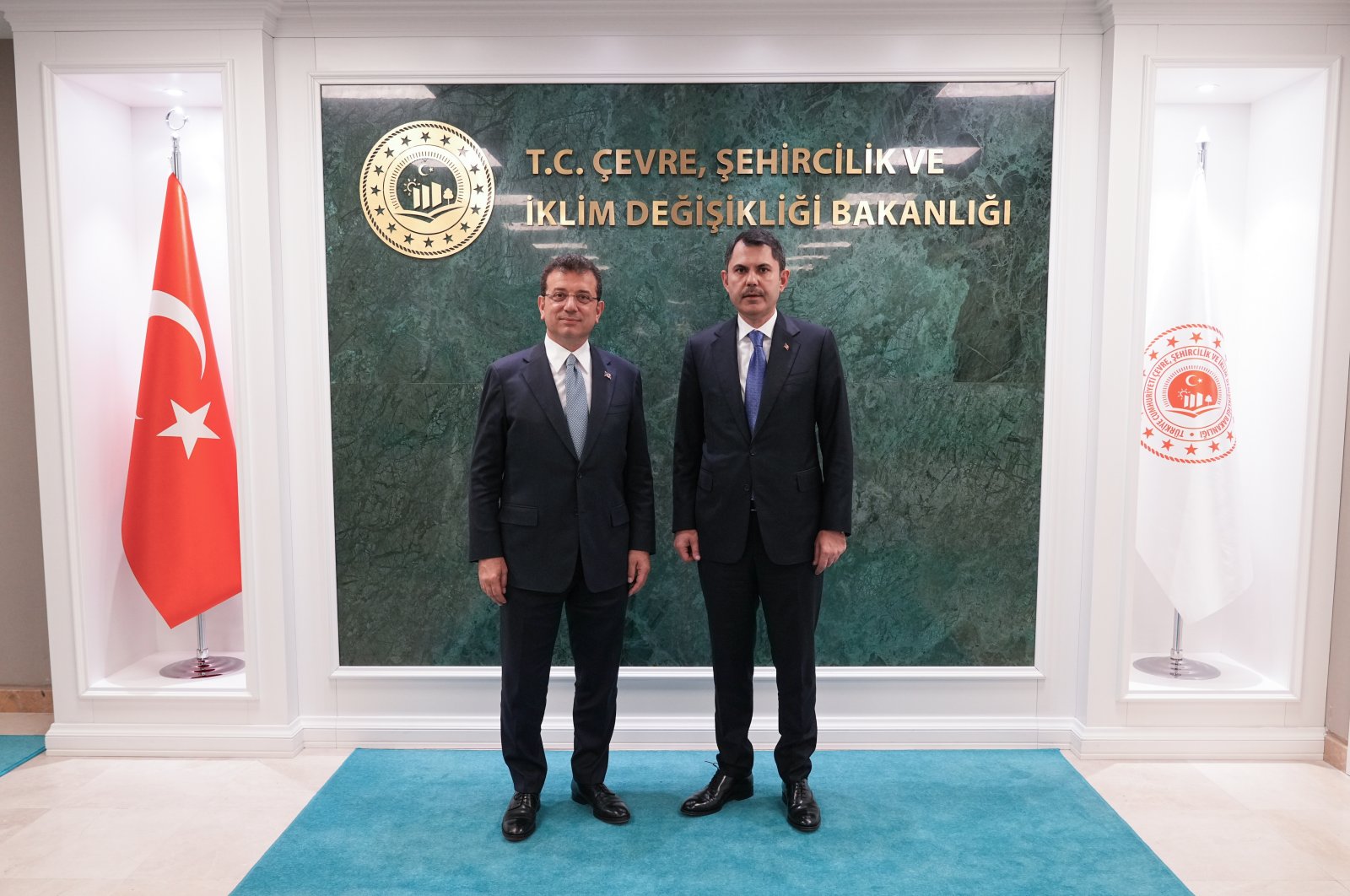 Minister Murat Kurum (R) poses with Mayor Ekrem Imamoğlu, in the capital Ankara, Türkiye, Sept. 10, 2024. (DHA Photo)