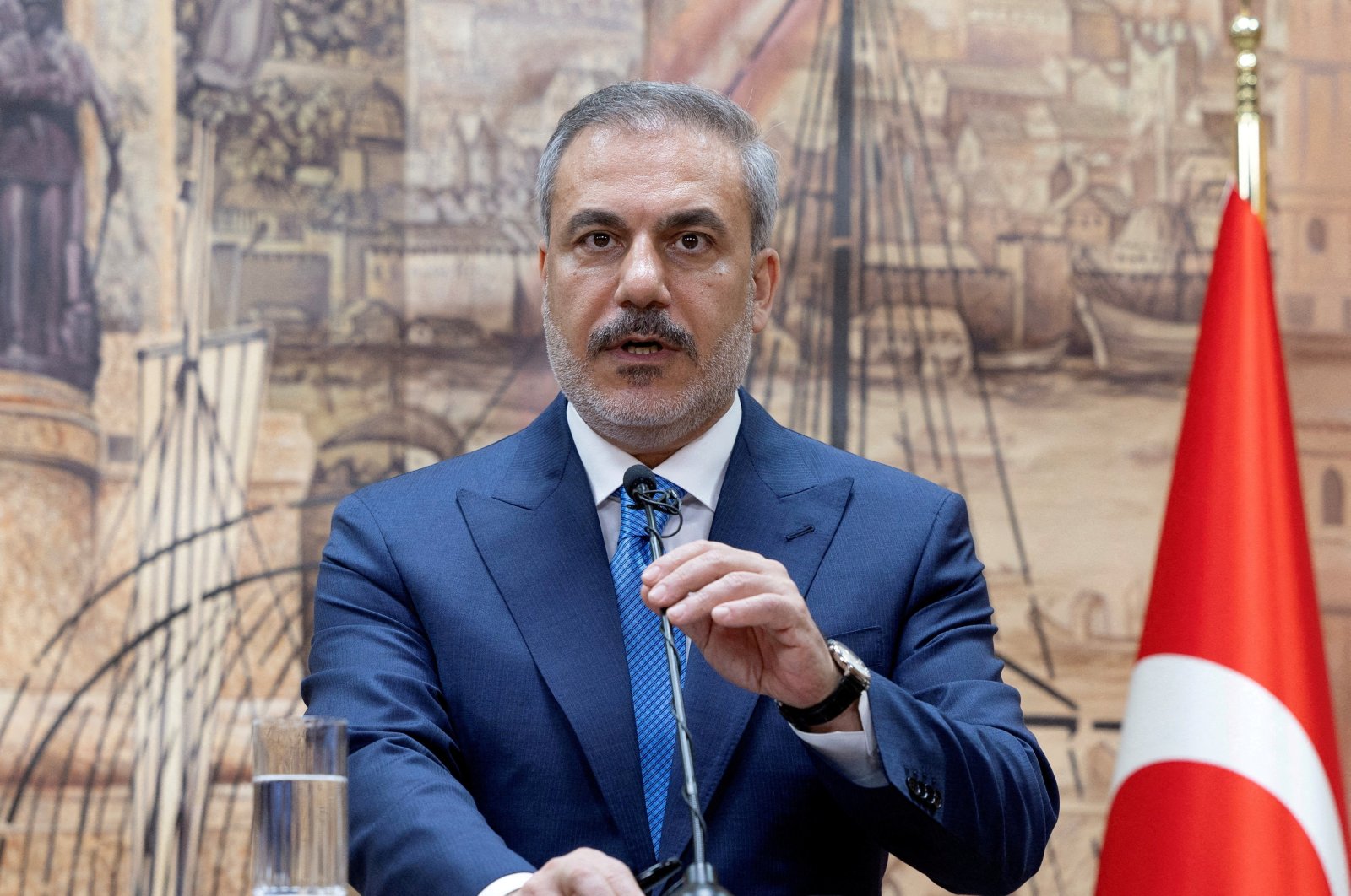 Foreign Minister Hakan Fidan talks during a joint press conference with Saudi Arabia Foreign Minister Prince Faisal bin Farhan Al Saud (not pictured) in Istanbul, Türkiye, July 14, 2024. (Reuters Photo)