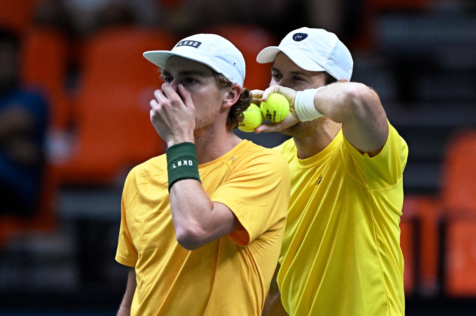 Australia&#039;s Matthew Ebden and Max Purcell react during their doubles match against France&#039;s Pierre-Hugues Herbert and Edouard Roger-Vasselin at the Pabellon Fuente de San Luis, Valencia, Spain, Sept. 10, 2024. (Reuters Photo)