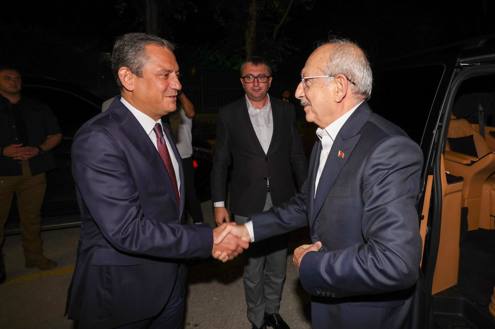 Former CHP Chair Kemal Kılıçdaroğlu (R) shakes hands with his successor Özgür Özel before a meeting in the capital Ankara, Türkiye, Sept. 1, 2024. (AA Photo)