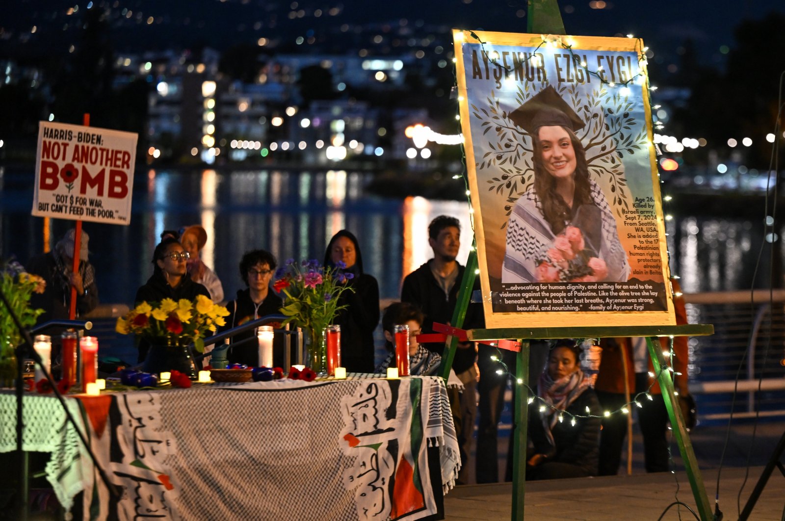 People stand as they hold a vigil for Ayşenur Ezgi Eygi, a Turkish-American activist shot dead by an Israeli sniper during a protest in the occupied West Bank, in Oakland, California, U.S., Sept. 9, 2024. (AA Photo)