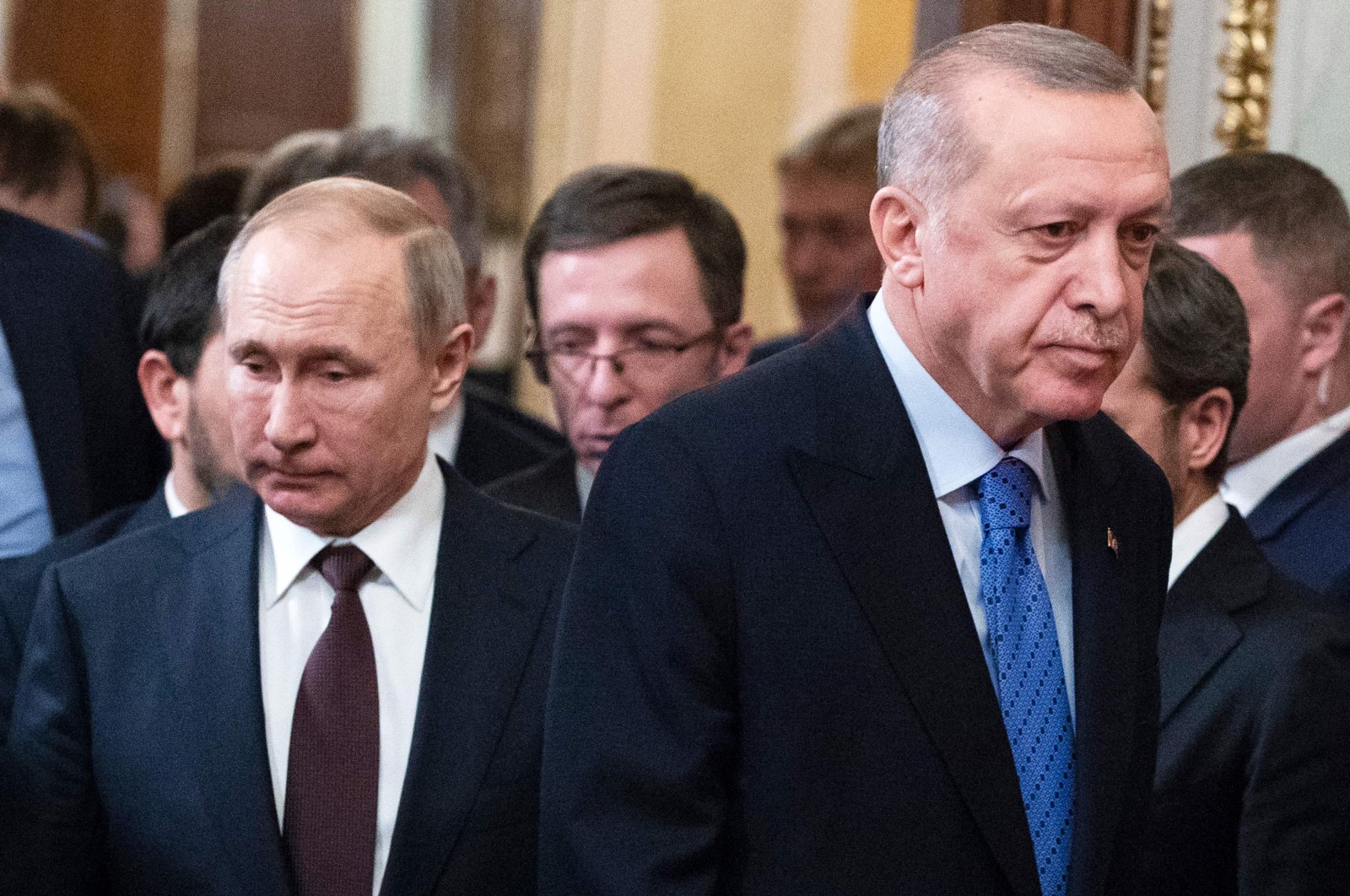 Russian President Vladimir Putin (L) and President Recep Tayyip Erdoğan arrive to issue a joint press statement following their talks at the Kremlin, Moscow, Russia, March 5, 2020. (AFP Photo)