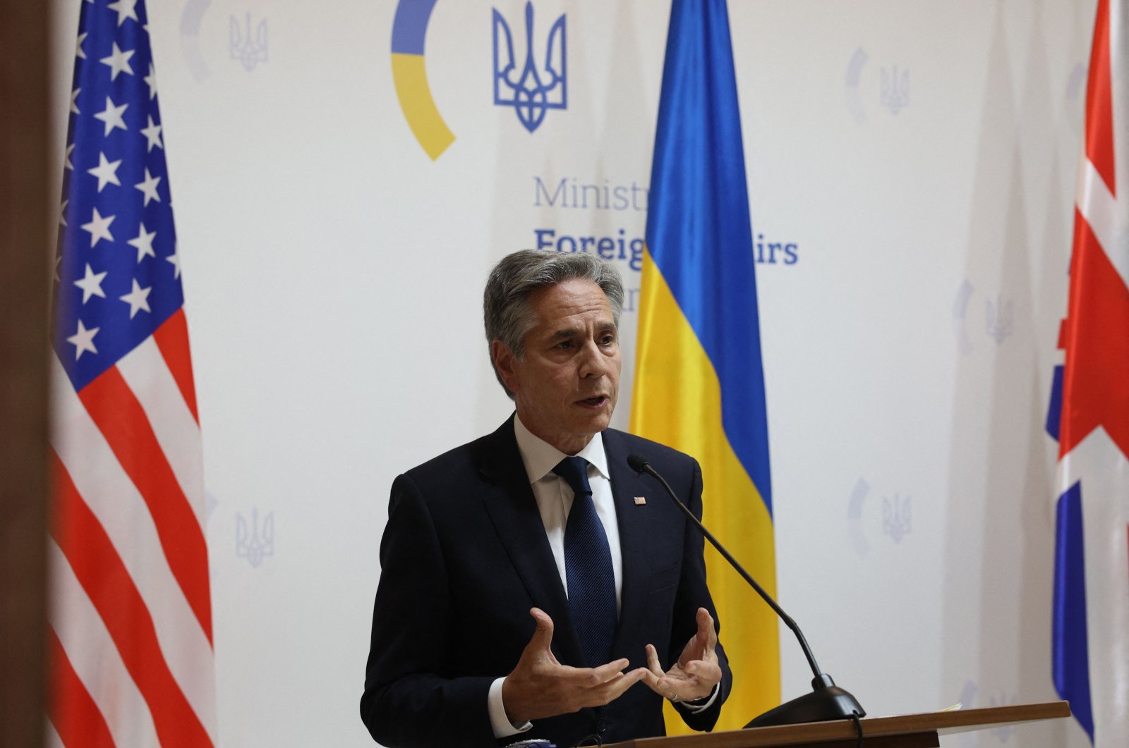 U.S. Secretary of State Antony Blinken speaks during a joint news conference with the Ukrainian foreign minister and British foreign secretary following their talks in Kyiv on Sept.11, 2024. (AFP Photo)