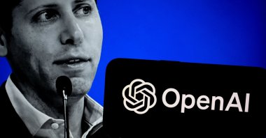 The logo of OpenAI is seen on a screen with the backdrop of its CEO Sam Altman in this illustration taken Aug. 13, 2024. (AA Photo)