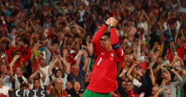 Portugal&#039;s Cristiano Ronaldo celebrates scoring during the Nations League League A Group 1 match against Scotland at the Estadio da Luz, Lisbon, Portugal, Sept. 8, 2024. (Reuters Photo)