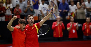 Spain&#039;s Carlos Alcaraz (L) and Marcel Granollers celebrate winning their Davis Cup doubles match against Czechia&#039;s Jakub Mensik and Adam Pavlasek at the Pabellon Fuente de San Luis, Valencia, Spain, Sept. 11, 2024. (Reuters Photo)
