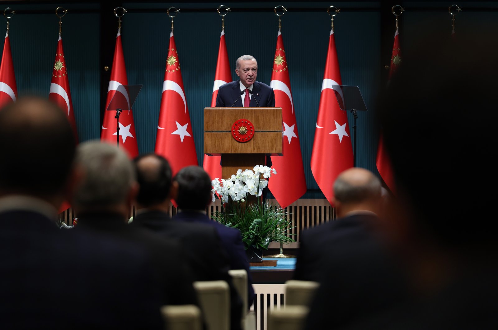 President Recep Tayyip Erdoğan makes statements about the need for a new civilian constitution during a Cabinet meeting at the Presidential Complex, Ankara, Sept. 9, 2024. (İHA Photo)