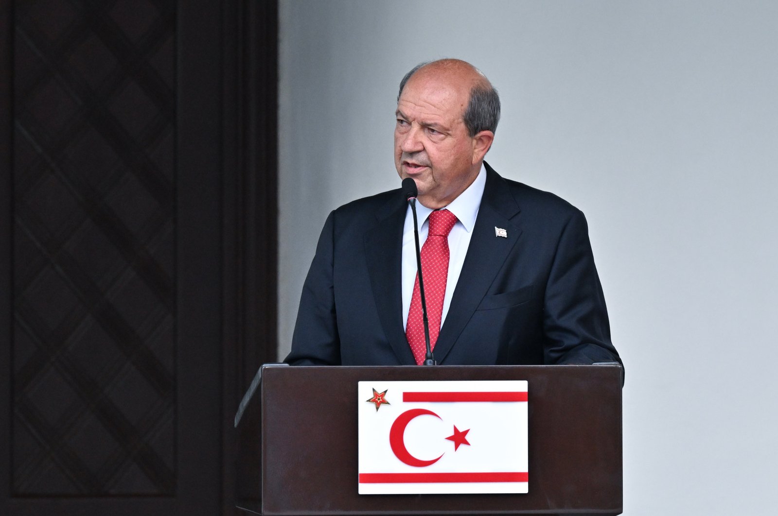 Turkish Cypriot President Ersin Tatar speaks at a press conference with Turkish Vice President Cevdet Yılmaz (not pictured) in Lefkoşa (Nicosia), the Turkish Republic of Northern Cyprus (TRNC), Sept. 6, 2024. (AA Photo)