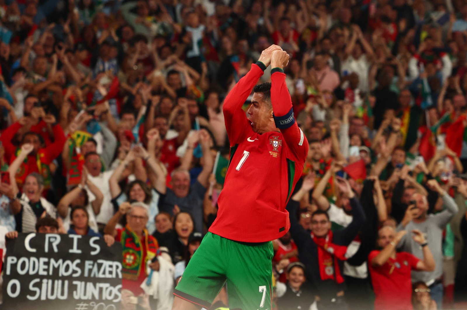 Portugal&#039;s Cristiano Ronaldo celebrates scoring during the Nations League League A Group 1 match against Scotland at the Estadio da Luz, Lisbon, Portugal, Sept. 8, 2024. (Reuters Photo)