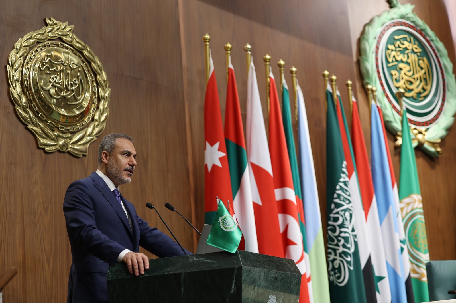 Foreign Minister Hakan Fidan addresses an Arab League Foreign Ministers meeting at the organization&#039;s headquarters in Cairo, Egypt, on Sept. 10, 2024. (AFP Photo)