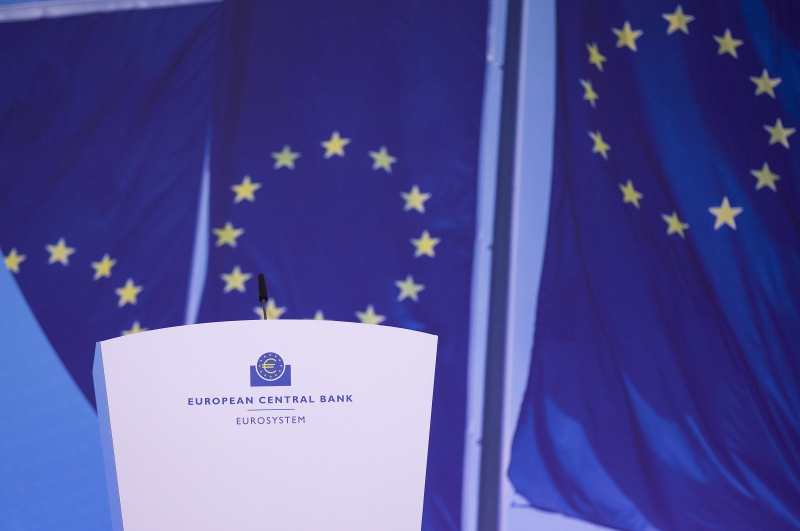 A conference desk is pictured ahead of a press conference following an ECB Governing Council meeting at the European Central Bank headquarters, Frankfurt, Germany, Sept. 12, 2024. (EPA Photo)