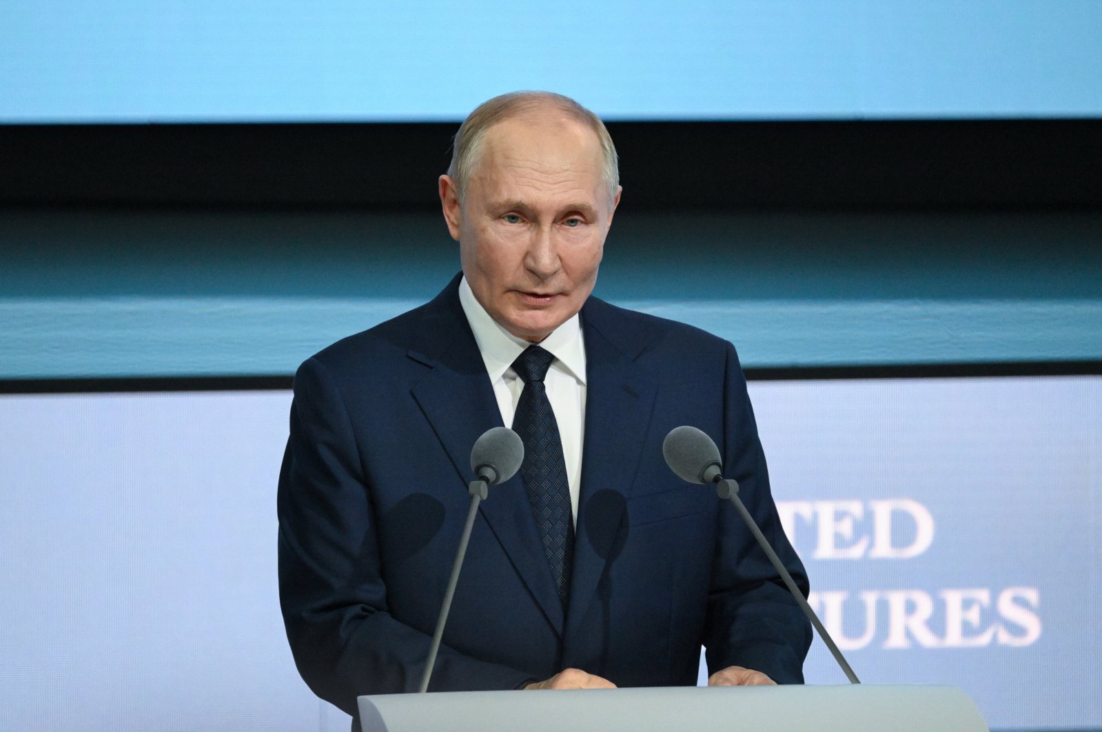 Russian President Vladimir Putin speaks during a plenary session of the 10th St. Petersburg International United Cultures Forum in St. Petersburg, Russia, Sept. 12, 2024. (EPA Photo)