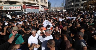 Palestinians take part in the funeral procession of men killed in an Israeli air strike in the Tubas, amid an ongoing military raid in the northern occupied West Bank, Palestine, Sept. 13, 2024. (AFP Photo)