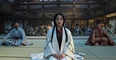 This image released by FX shows Eita Okuno as Saeki Nobutatsu, from left, Anna Sawai as Toda Mariko, Hiromoto Ida as Kiyama Ukon Sadanaga in a scene from &quot;Shogun.&quot; (AP Photo)