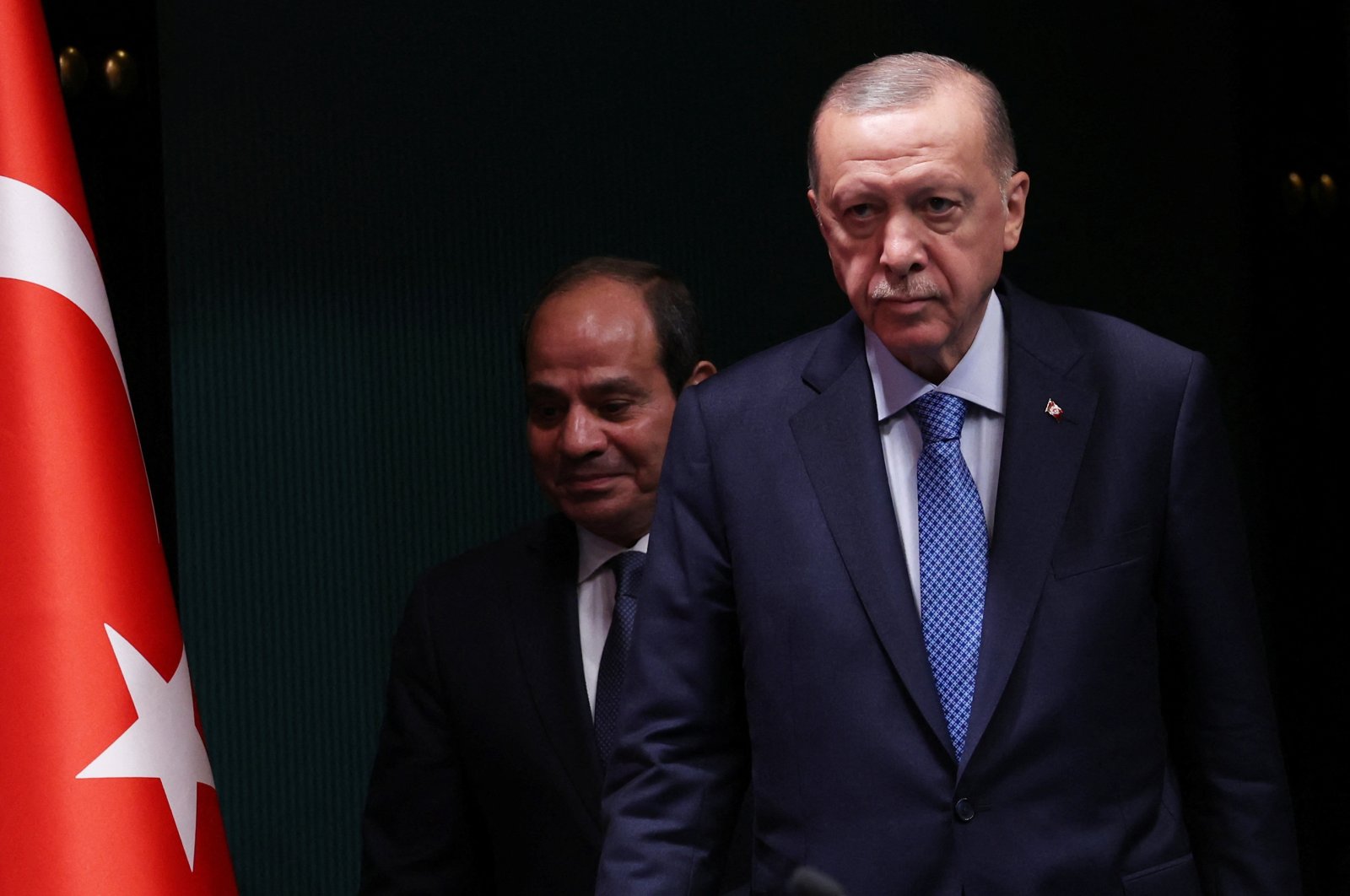 President Recep Tayyip Erdoğan and Egyptian President Abdel-Fattah el-Sissi arrive for a signing ceremony after their meeting in Ankara, Türkiye, Sept. 4, 2024. (Reuters Photo)