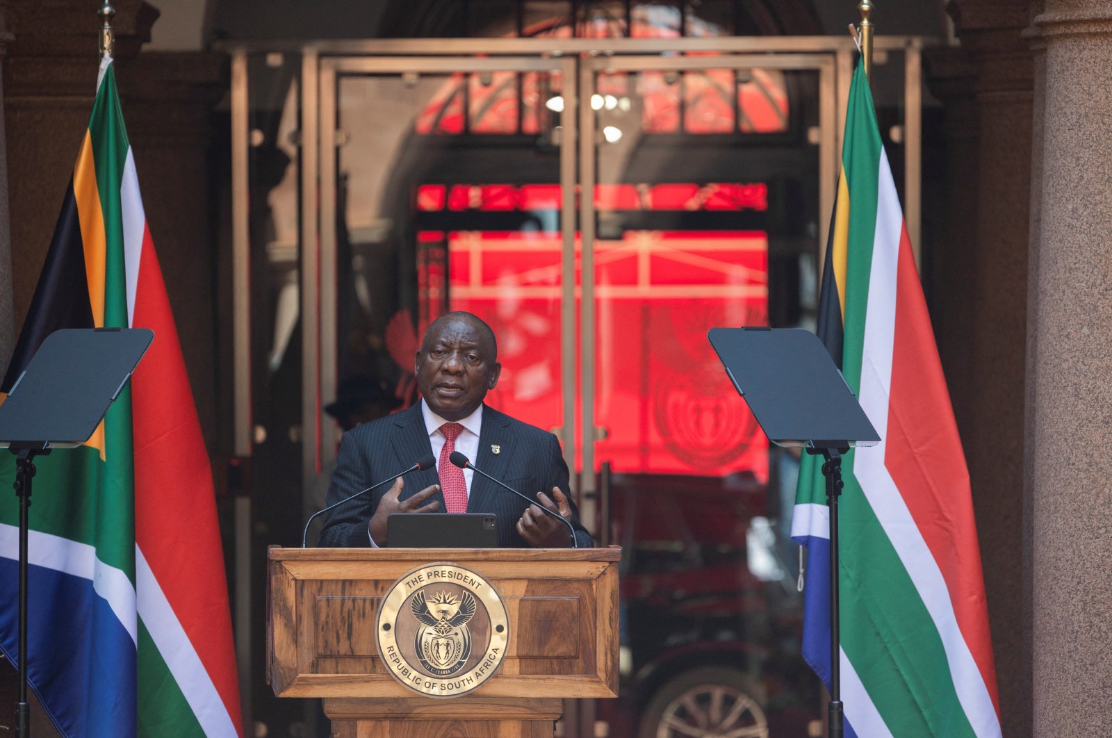 South Africa&#039;s President Cyril Ramaphosa speaks before the signing of the Basic Education Laws Amendment Bill, which aims to strengthen governance in the education sector, at the Union Buildings in Pretoria, South Africa, Sept.13, 2024. (Reuters Photo)