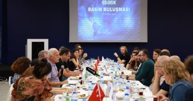Nail Olpak (L), head of the Foreign Economic Relations Board (DEIK), speaks during a meeting with journalists in Burdur, southwestern Türkiye, Sept. 11, 2024. (Courtesy of DEIK)