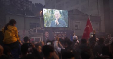 Supporters of President Recep Tayyip Erdoğan celebrate his election victory outside AK Party offices, Istanbul, Türkiye, May 28, 2023. (AP Photo)