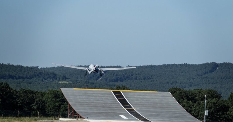 The Bayraktar TB3 combat drone takes off from an upward-curved ramp during a test, Edirne, northwestern Türkiye, June 1, 2024. (AA Photo)