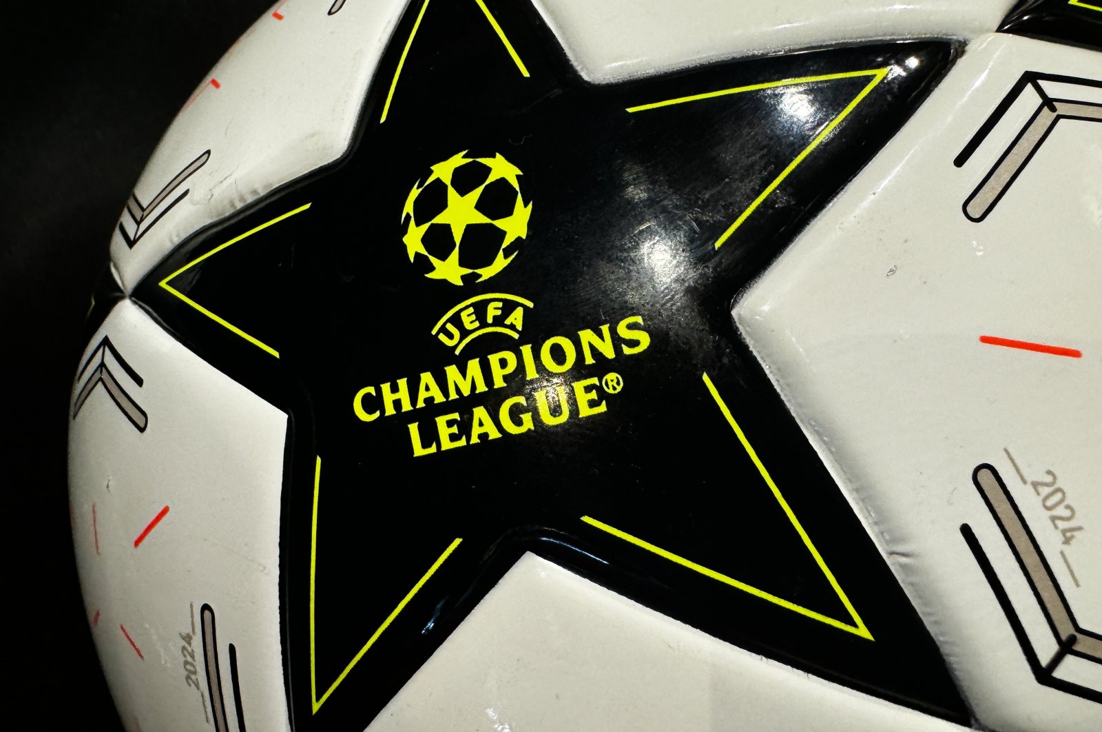 The UEFA Champions League logo is seen on a ball, in Krakow, Poland, on Aug. 29, 2024. (Getty Images)