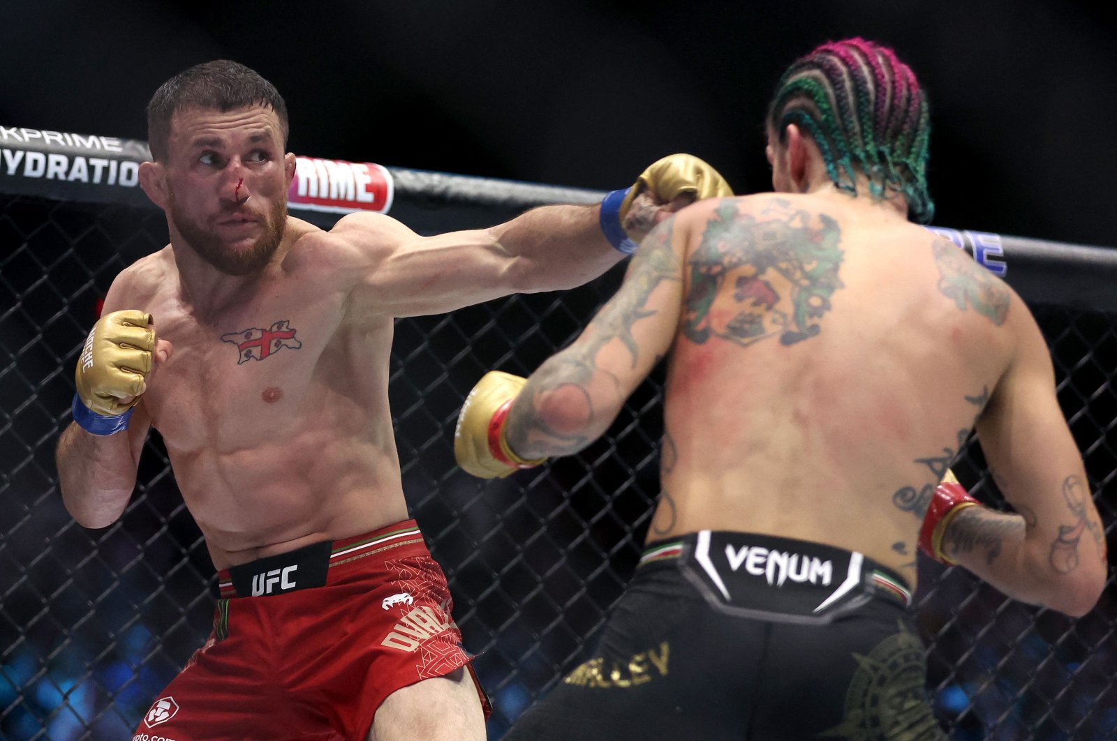 Georgia&#039;s Merab Dvalishvili (L) fights U.S.&#039; Sean O’Malley for the bantamweight title during UFC 306, Las Vegas, Nevada, Sept. 14, 2024. (AFP Photo)