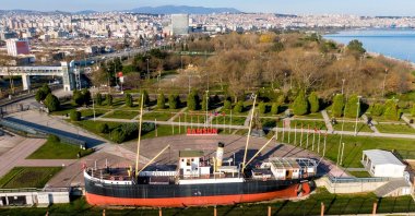 An aerial view shows the Bandırma Ferry, which brought Gazi Mustafa Kemal Atatürk and his comrades to Samsun, Türkiye, Sept. 15, 2024. (AA Photo)