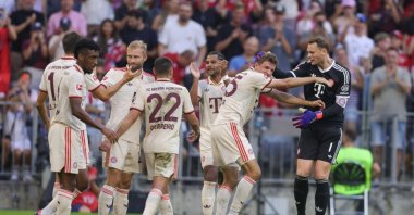 Bayern Munish players celebrate the team&#039;s second goal during the Bundesliga match against Sport-Club Freiburg at Allianz Arena, Munich, Germany, Sept. 1, 2024. (Getty Images Photo)