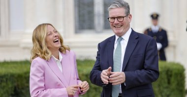 Italian Prime Minister Giorgia Meloni (L) reacts next to British Prime Minister Keir Starmer during their meeting in Rome, Italy, Sept. 16, 2024. (EPA Photo)