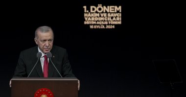 President Recep Tayyip Erdoğan addresses deputy prosecutors and judges, Ankara, Türkiye, Sept. 16, 2024. (AA Photo)