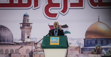Hamas political bureau chief Yahya Sinwar addresses supporters during a rally marking Al-Quds (Jerusalem) Day in Gaza City, April 14, 2023. (Getty Images, File Photo)